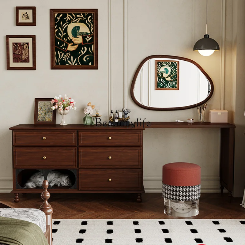 French Retro Solid Wood Makeup Table Retractable Bedroom Tailstock Cat Nest Chest of Drawers Integrated Dresser