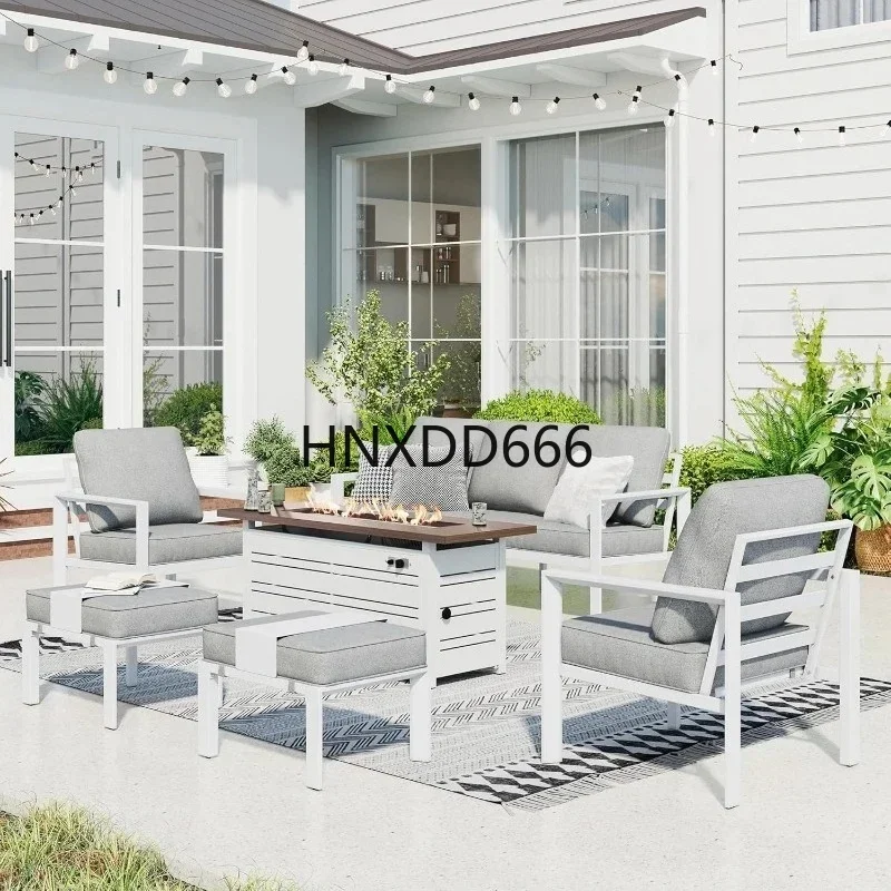 7-Seater Aluminum Patio Conversation Set with Fire Pit Table, Large High Back Outdoor Couch