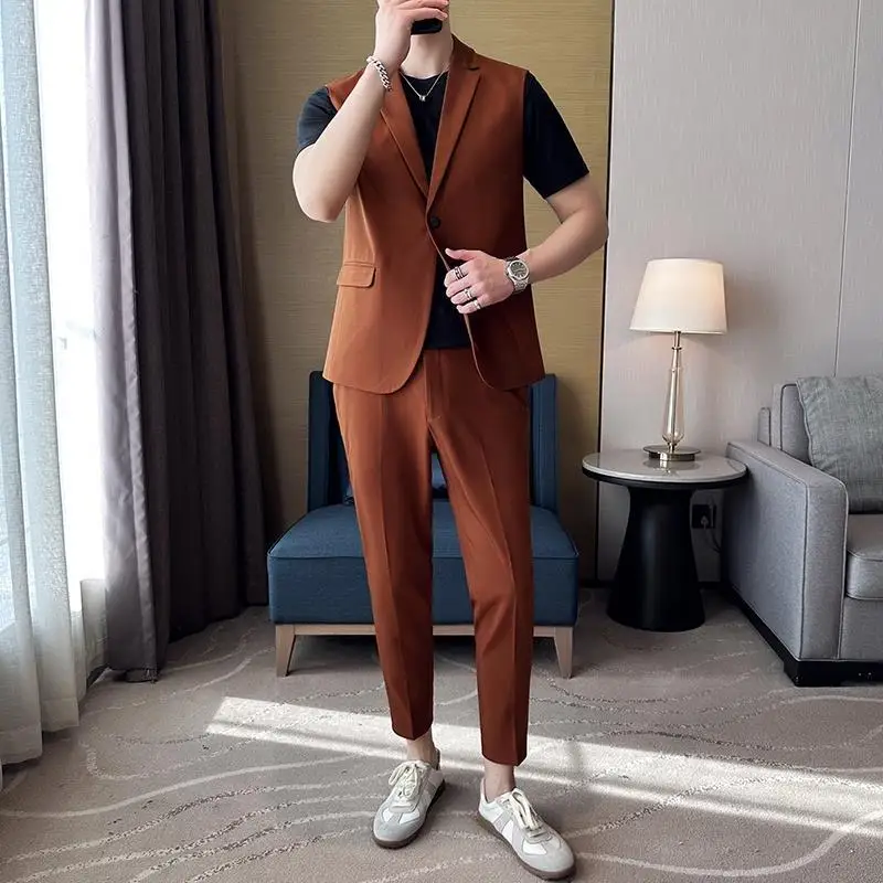 3-G28 Light mature style summer thin sleeveless suit men's Korean style simple niche design suit nine-point pants suit jacket