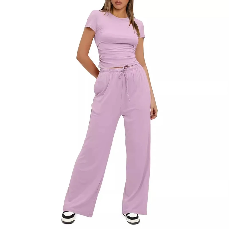 

Trendy Lounge Set Plus Size Short Sleeve Round Neck Top And Long Pants Soft Touch Breathable Fit Women's Casual Attire Outdoor