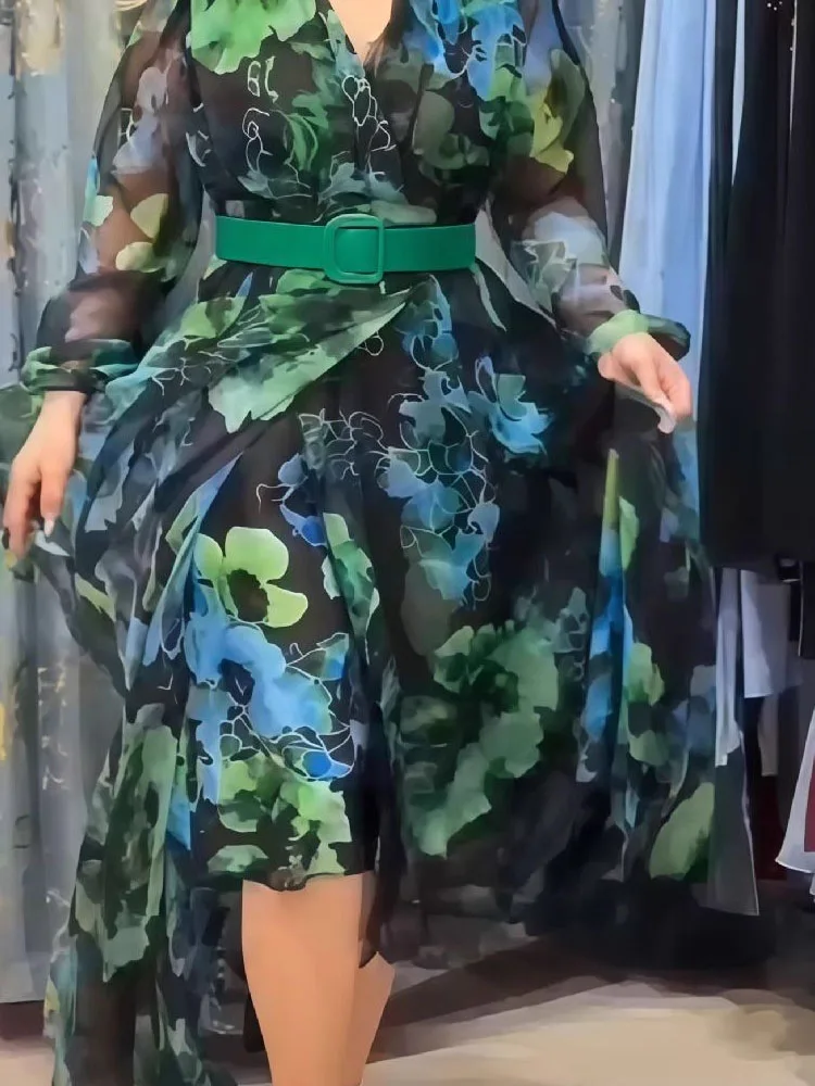 Fall Bohemian Casual Holiday Dresses Vintage Printed Long Sleeve High Waist Robe Dress Fashion V Neck Mesh Women's Party Dress