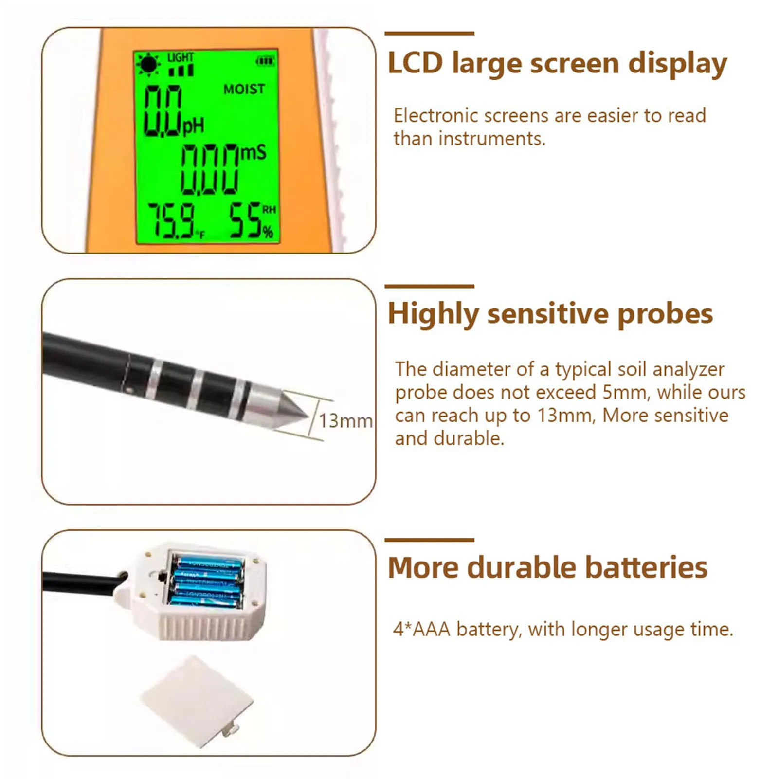 Probador de PH Digital del suelo, medidor de PH EC, probador de temperatura de fertilidad del PH del suelo de alta precisión, profesional para el cuidado de plantas de césped y jardín