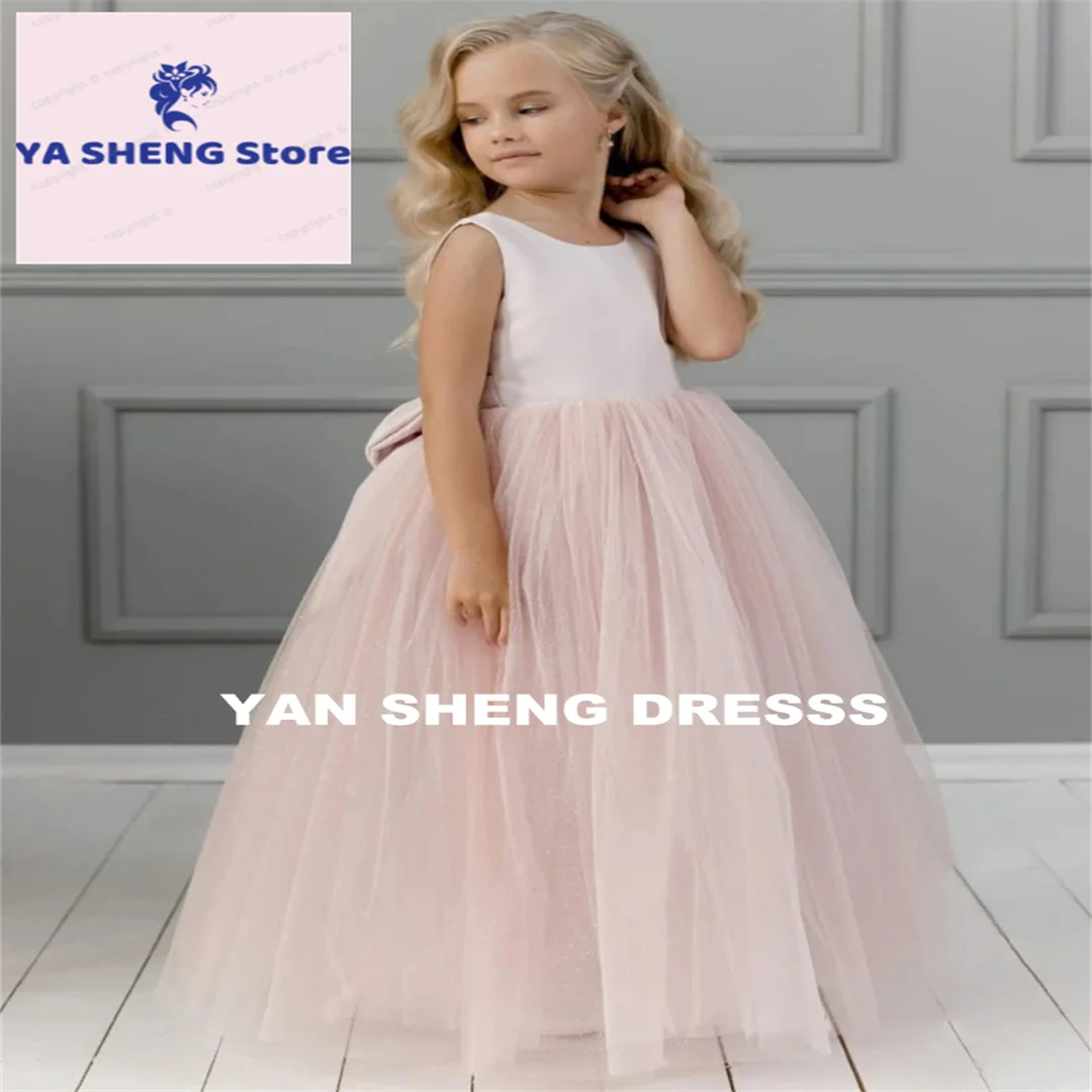 

Customized Pink Satin Tulle Flower Girl Dress with Bow Sleeveless for Wedding Birthday Party First Communion Gowns