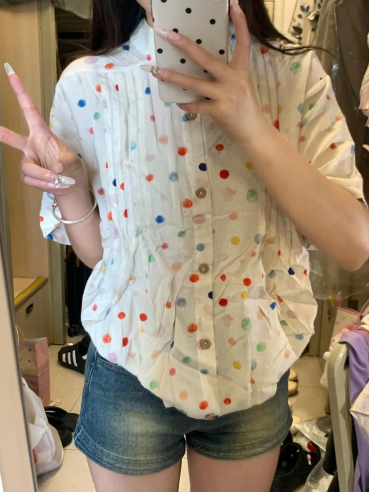 Japanese 2024 Colored Dot Loose Women Blouse Vintage Single Breasted Y2k Aesthetic Shirt Harajuku Grunge Turn Down Collar Blusas