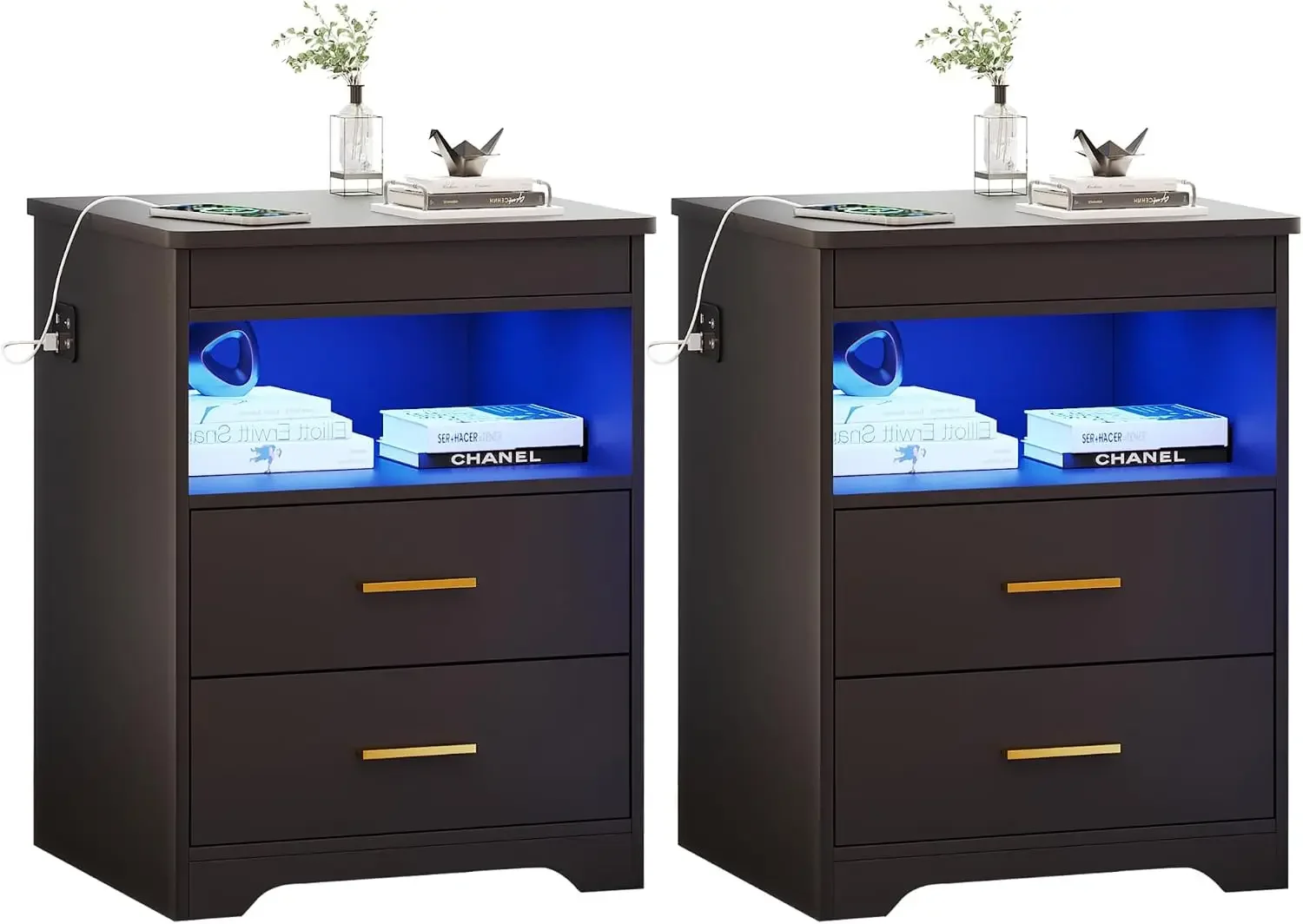 Nightstand Set of 2, Charging Bedside Table with USB & Type-C Port, LED Nightstand with Human Sensor Light, Modern End Table wit