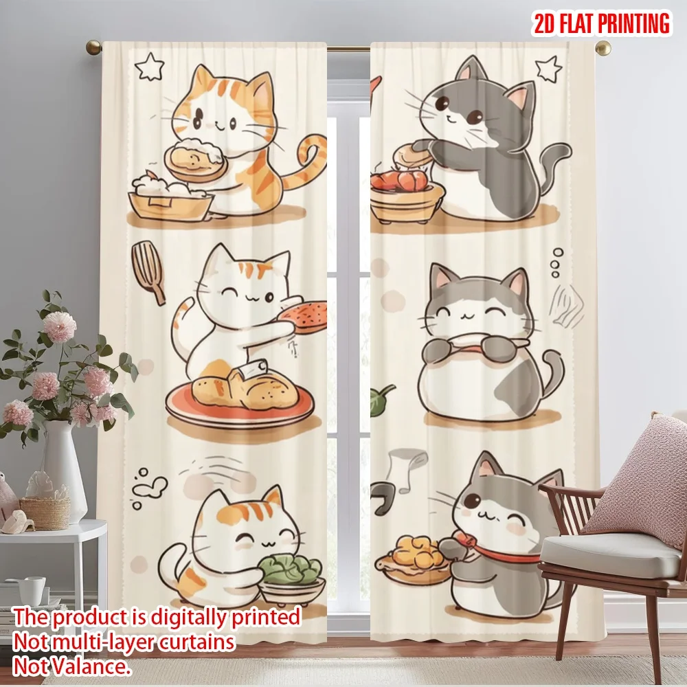 2pcs,2D plane printing Curtain Popular Cat Cooks Delight Polyester Fabric (without rod) Decorations Outdoor Use for Various Room