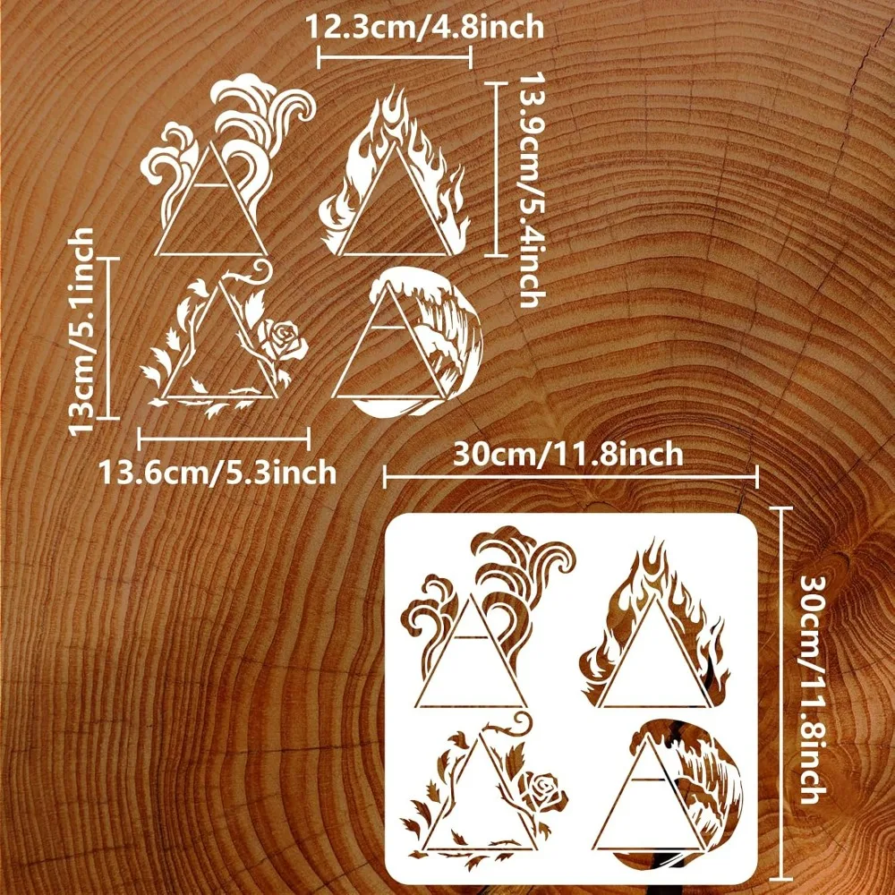 Four Elements Alchemical Stencil for Painting 11.8x11.8inch Reusable Trinity Knot Drawing Template Wind Fire Water Vines