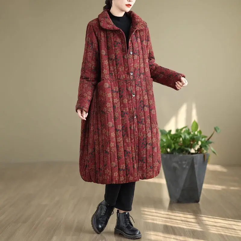 2024 Winter New Large Size Cotton Coat Casual Floral Warmth Loose Medium Length Vintage Fleece Jacket For Women Overcoat k2670