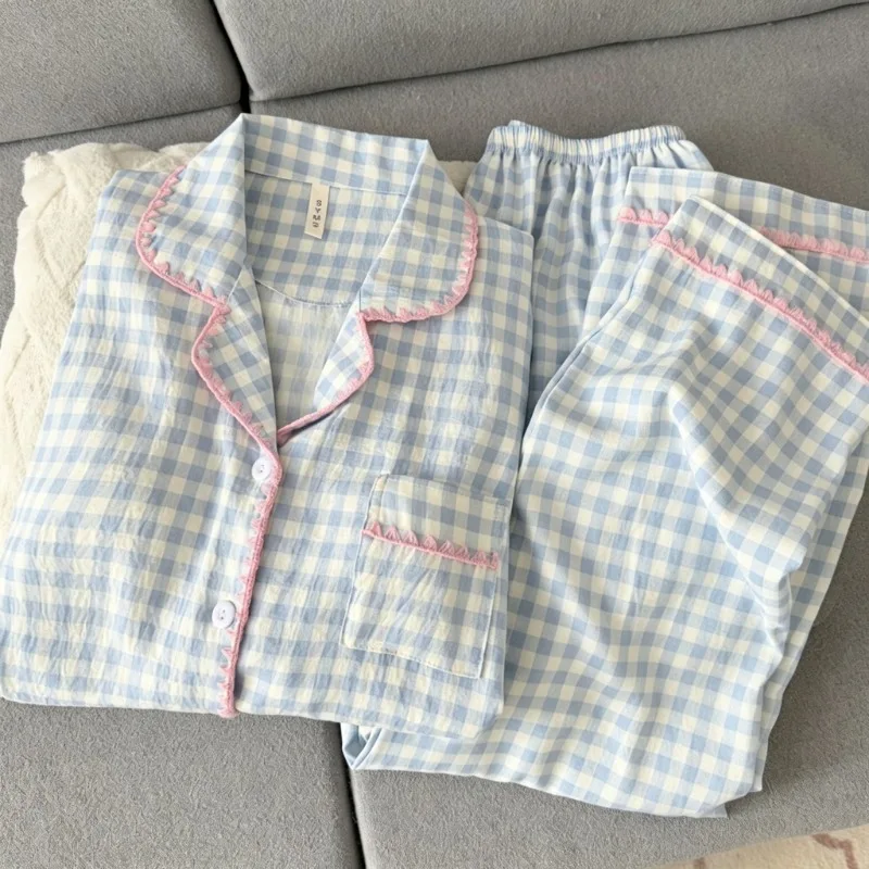 Korean Plaid Lace Trim Sleepwear Oversized Sweet Casual Casual Soft Pajamas Set for Women Autumn New 2026 Large Size Pajamas Set