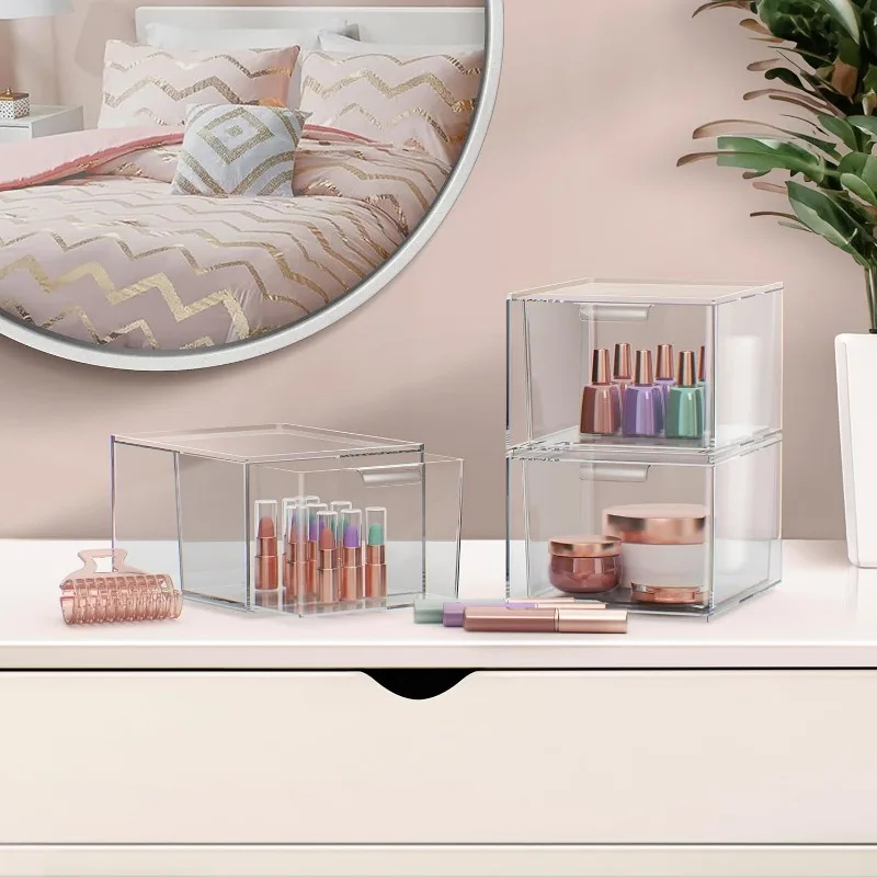 6 Pack Makeup Organizer - Clear Stackable Acrylic Drawer Organizer for Vanity, Bathroom, Undersink