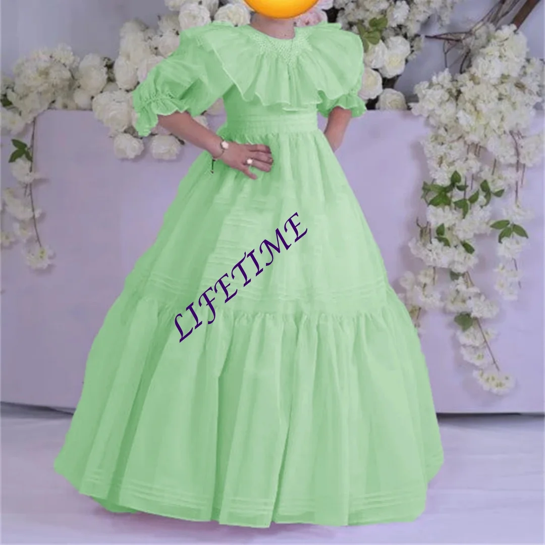 Principessa O Collo Piega Manica a sbuffo Una linea Abito da ragazza di fiori Lunghezza pavimento Formale Elegante Classico Abito da prima comunione Personalizzato