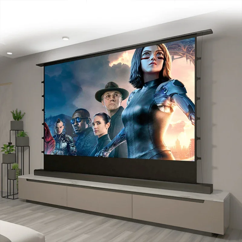 4k HD 8K 3D Electric Floor Rising Screen Grey Crystal Fabric 100inch Motorized Tab Tension Rising Floor Up Home Theater Screen