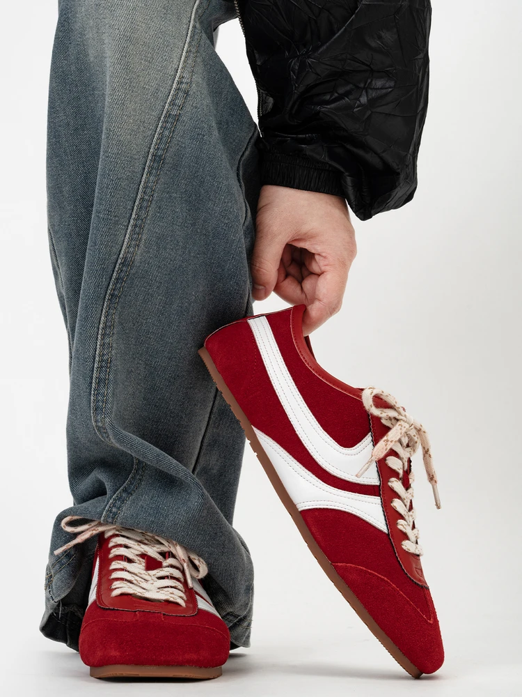

Red Retro Faux Suede Racing Casual Shoes Men's Loafers Low Top Spring Autumn Fashion Lightweight Rubber Outsole Breathable Mesh