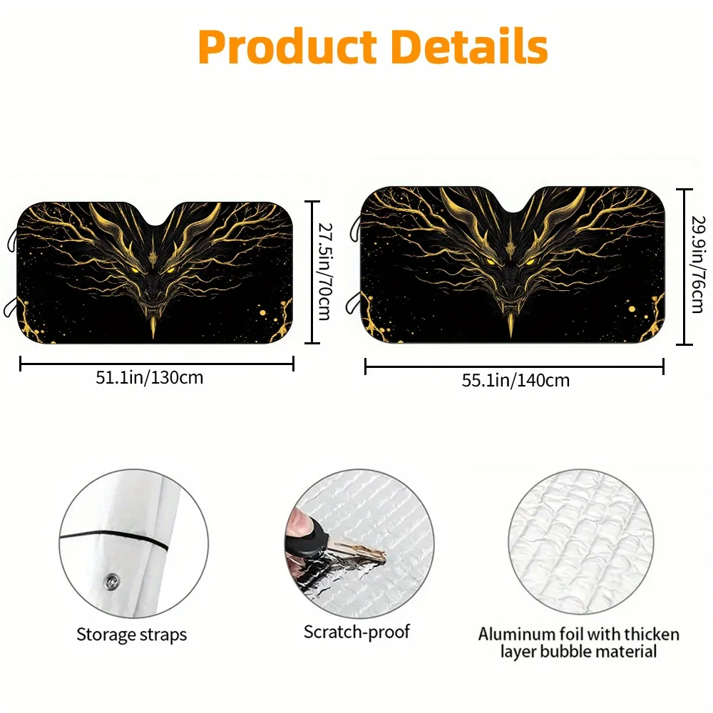 1pc Car Sunshade, Black Golden Dragon Head Car Sun Visor, HD Printed Sunshade, Blocks Sunlight, Suitable For SUV And Sedan Decor