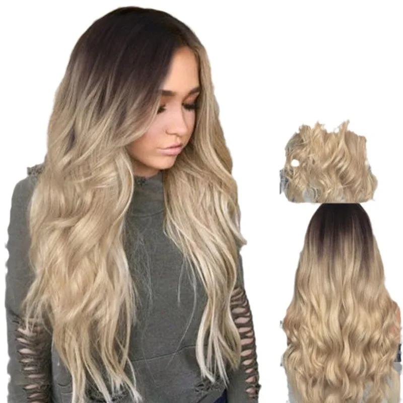 ウィッグ ロングウェーブヘア 中央分け目 グラデーション ゴールデンハイライト 女性コスプレヘッドギア リアルでナチュラルなスタイル