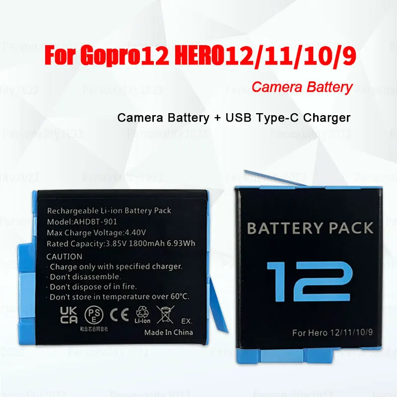 1800mAh Battery for GoPro12 10 Hero12 HERO 11 9 Hero10 Go Pro 12 Full Decode Camera Batteries + USB Type-C 3-Slot Charger