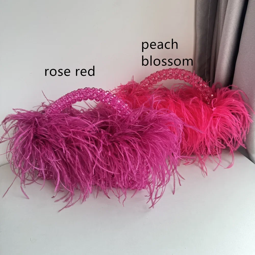 

Pearl Bead Bag With Feather Fur Designer Brand Clear Acrylic Crystal Stone Box Tote Handbag Women Handmade Party Purse