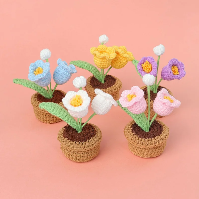 Artificial Flowers Potted Handmade Crocheted Knitted Lilies Of The Valley Plant Bouquets Wedding Party Decor Photography Props