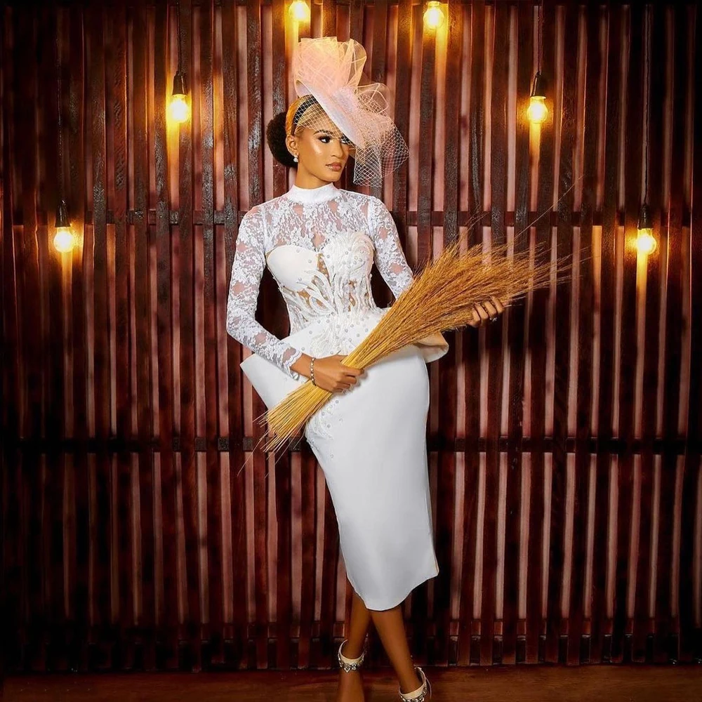 

Elegant Short Wedding Dress Luxury Mermaid Long Sleeves Tea Length Satin Classic African Women Prom Bridal Party Gown Customized