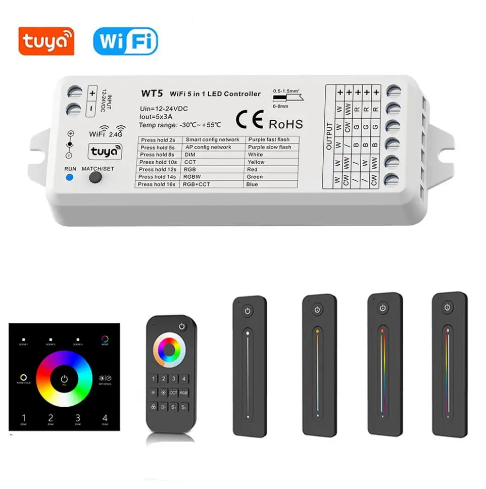 WT5 Tuya Wifi 5 in 1 Smart RGBCCT Led Controller RGB CCT RGBW RGBWW LED Strip Light Touch Panel 2.4G RF Wifi Controller