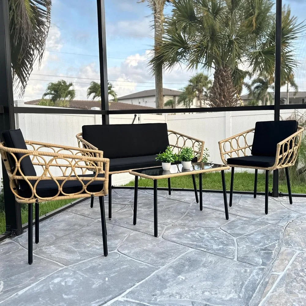 4 Pieces Patio Furniture Set, Wicker Outdoor Bistro Set, All-Weather Rattan Conversation Set with Loveseat Chairs Table Cushions