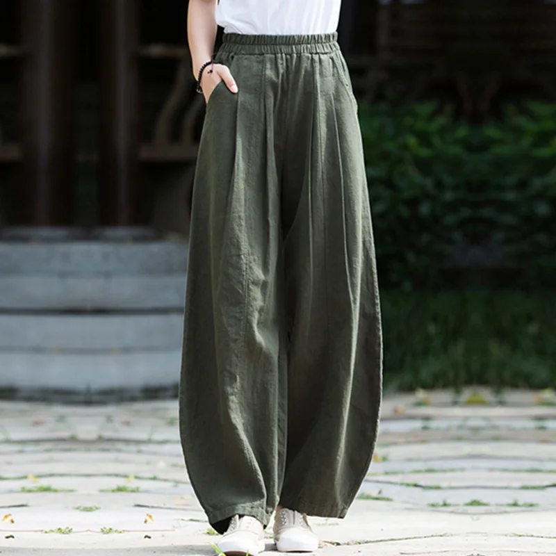 Vintage  Yoga Clothes Cotton  Linen Women High Waist Pants Baggy Loose  Large Oversized Size Women's Cargo Trousers Wide Leg