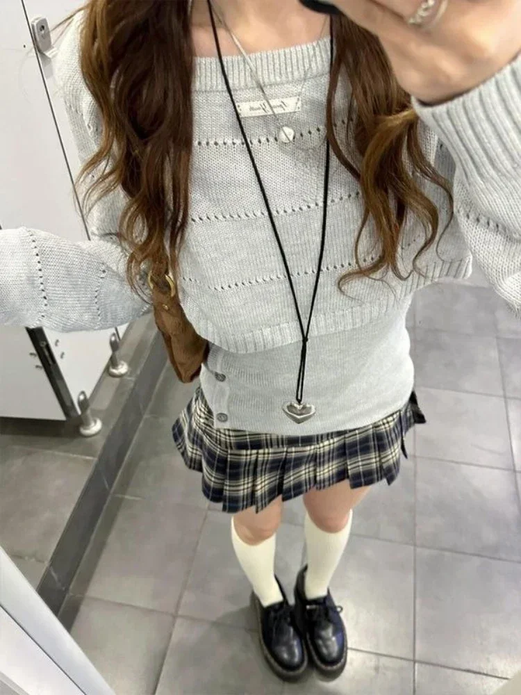 

Y2K Harajuku Knitted Hollow Out Cropped Sweater & Grunge Button Vest Set, Women's Autumn Two Piece Outfit