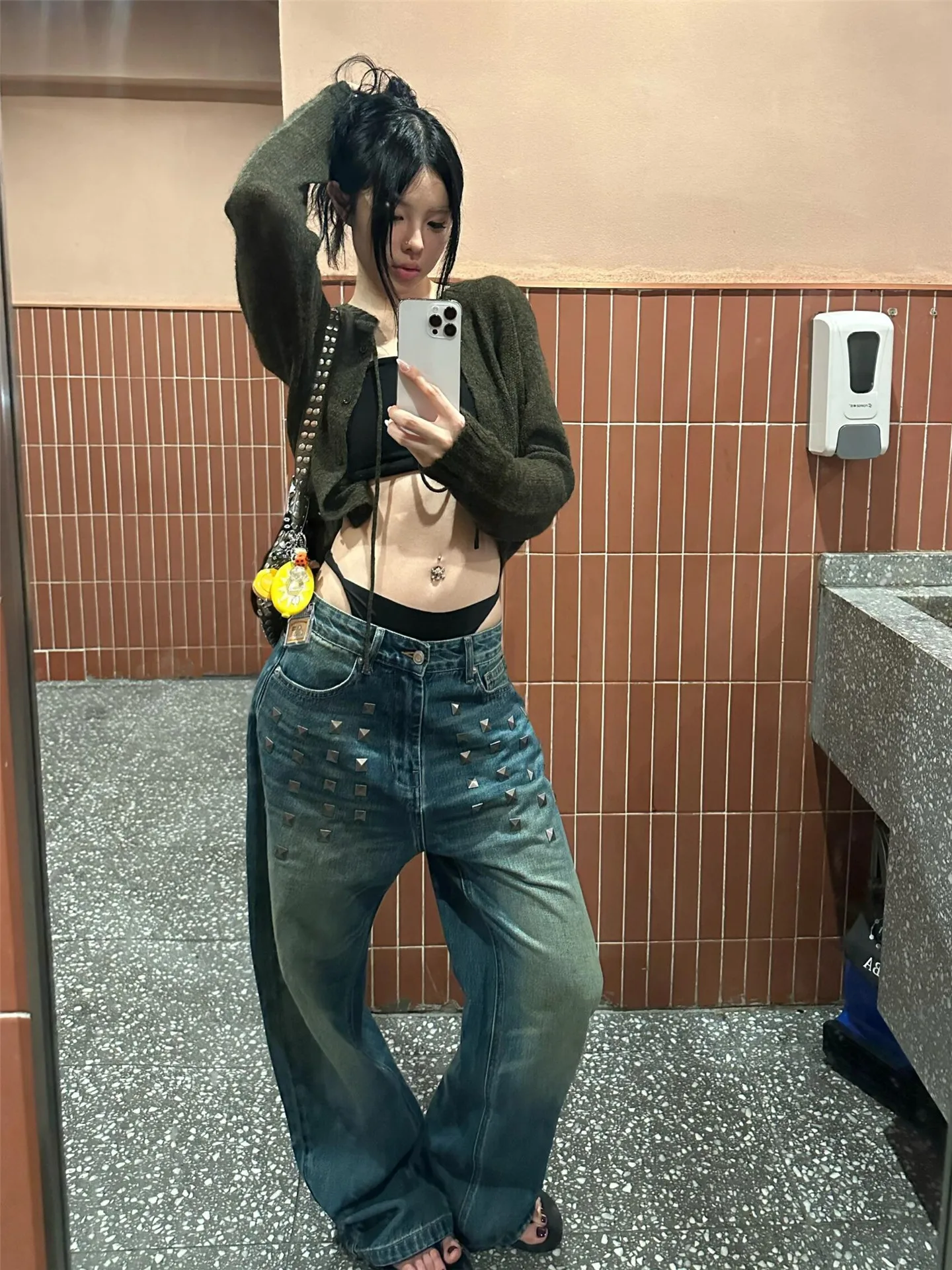 

Retro Blue Rivet Wide Leg Jeans Women's Spring Loose Slimming Design Straight Floor-Length Pants Tall Women's Jeans