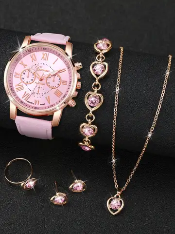 5/6PCS Fashion Women's Quartz Watch Leather Band Analog Wrist Watches Heart Rhinestone Jewelry Set(Without Box)