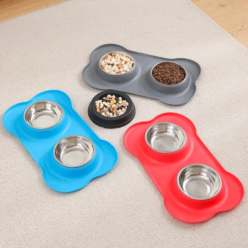 Silicone pet cat and dog bowl stainless steel double bowl anti-spill easy to clean for eating and drinking