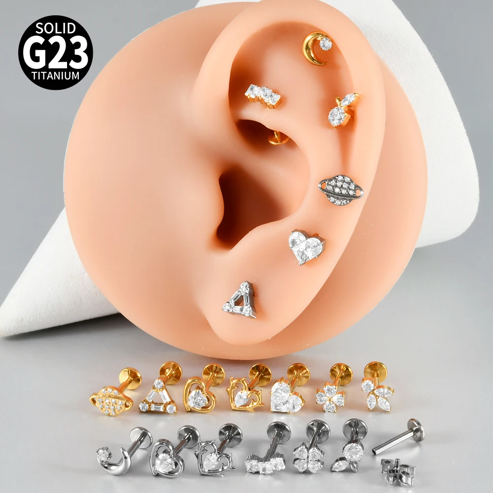 G23 Titanium Moon CZ Internal Thread Labret Piercing Earring