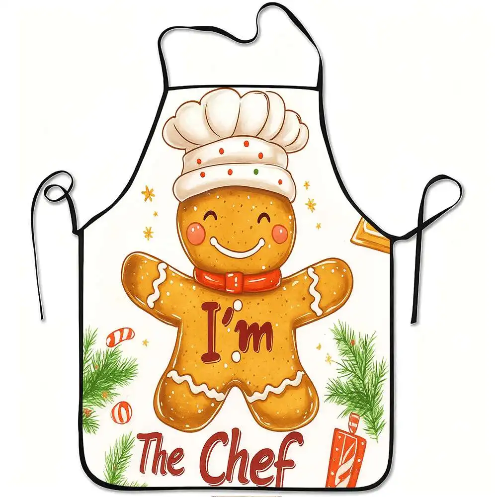 1pc Gingerbread Chef Funny Print Apron, Polyester Material, for Kitchen Cooking, Gardening, Orchard Picking, Christmas