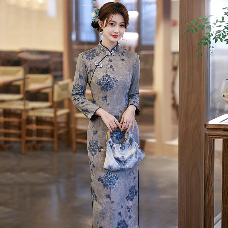 Yourqipao Autumn Mother Dress Fitted Waist Fashion Qipao Long Sleeve Modified Cheongsam Chinese Style Evening Dress for Women