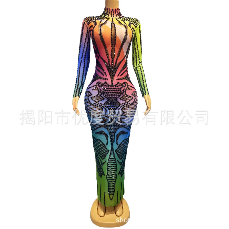 

Gradual Change Of Color Sexy Perspective Mesh Shiny Birthday Dress Cocktail Party Night Dance Performance Dress vestido de noche