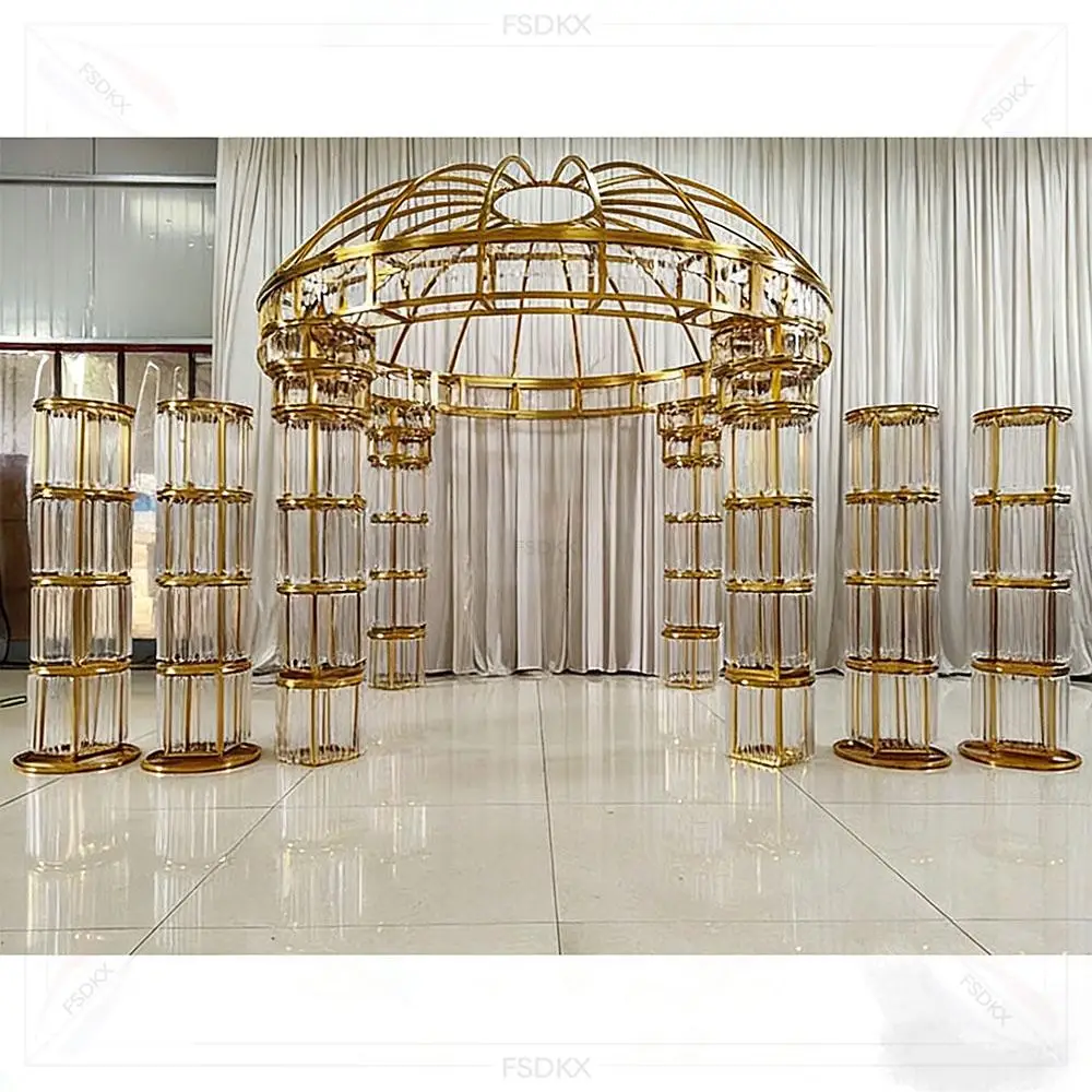 FSDKX New Arrival Large Stainless Steel Gilded Arch Backdrop Stand for Wedding Party Event Decorations Luxury Modern Square