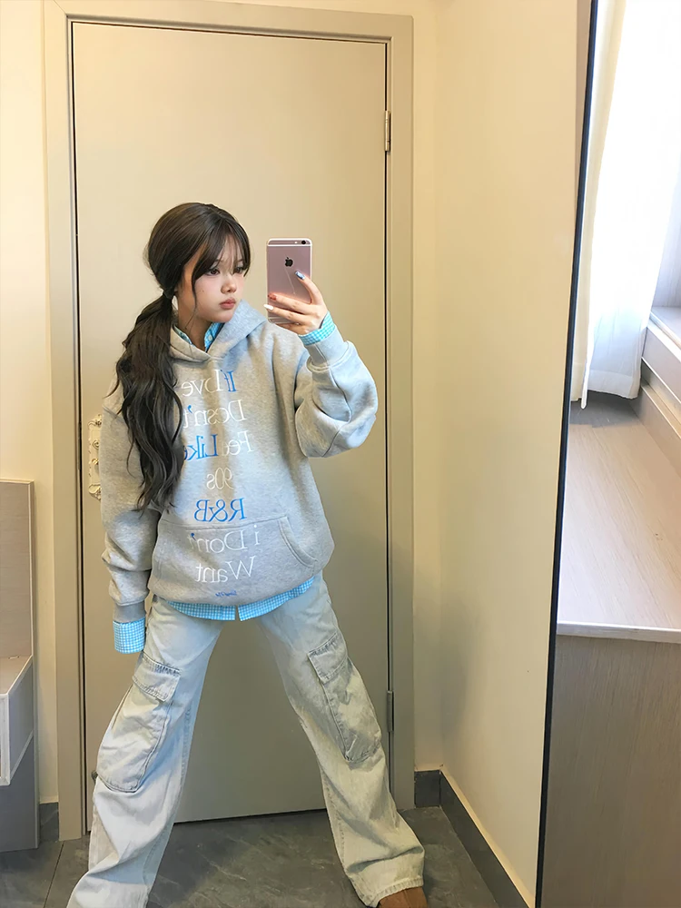 ey Oversize Hoodie Women's Spring Letter Print Loose Outerwear Chic Lazy American Sle Long Sve Commute Length Regular Fit