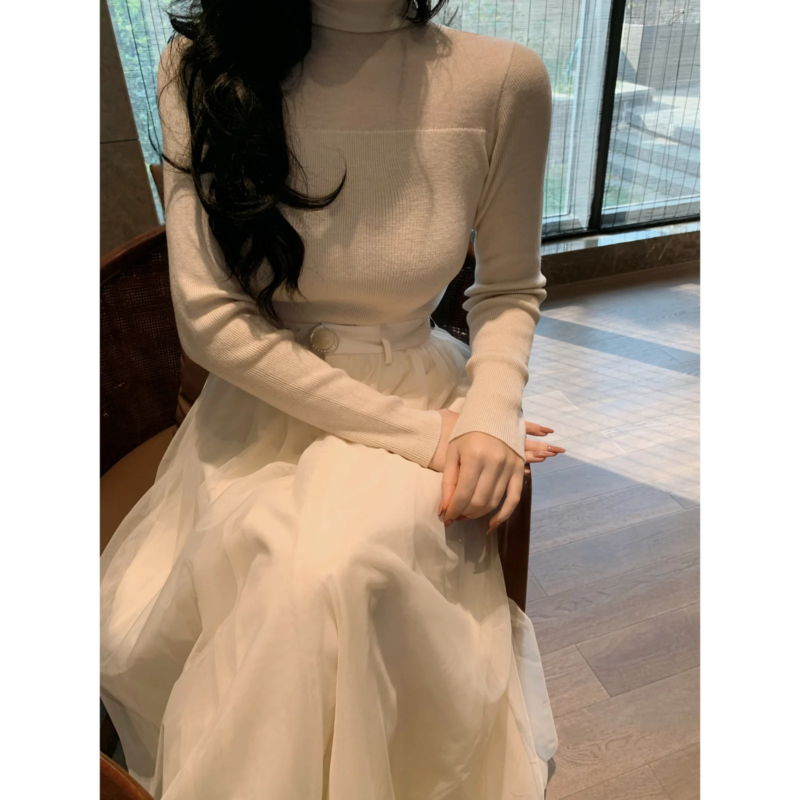 

Ci South 4 Knitted Wool Sweater Long Sve Curved Hemline Sta Ne Two Crt Splice Knit Base Layer Woolen Top