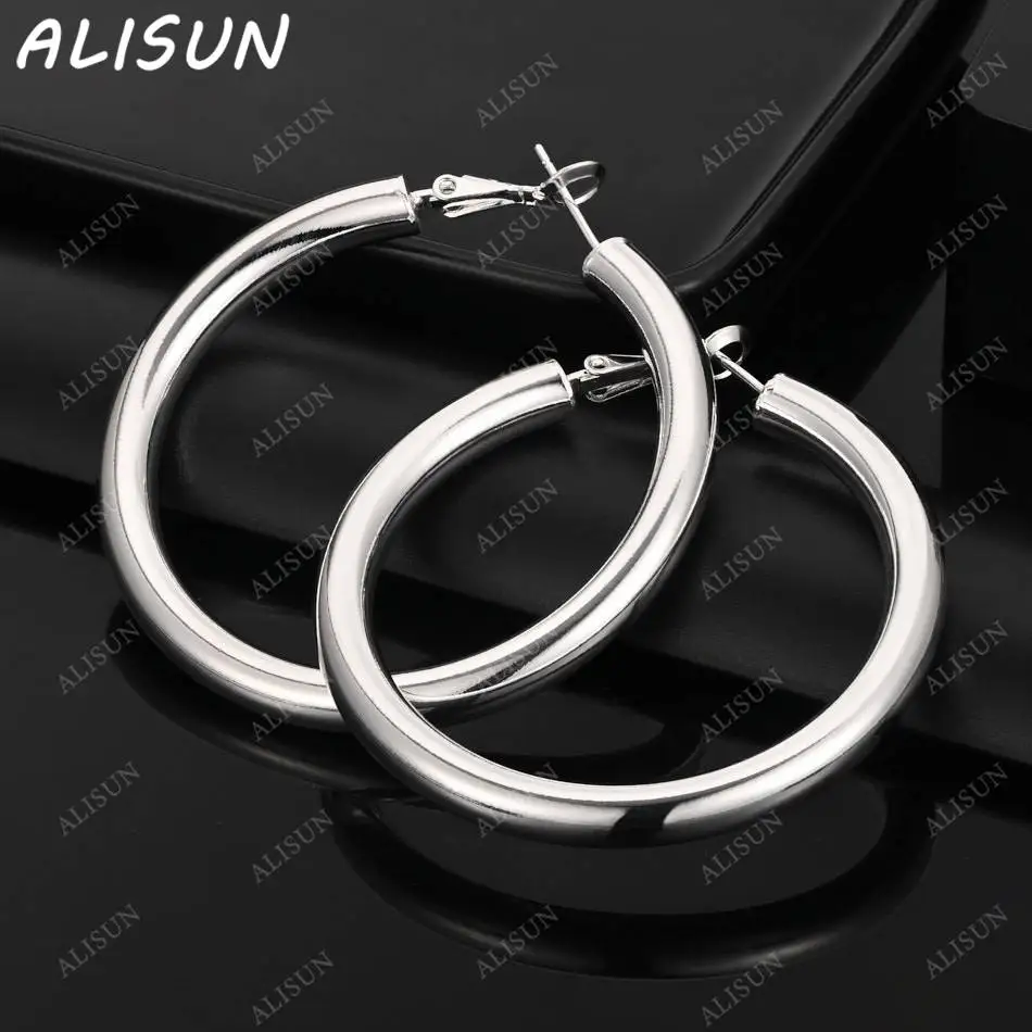 

ALISUN 925 Sterling Silver 50mm Round Hoop Earrings For Women Fashion Jewelry Charm Grace Wedding Engagement Accessories