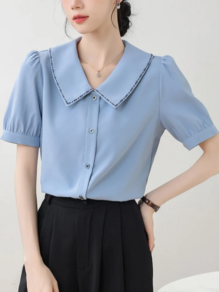 디자인 센세이션 돌 칼라 오르트 스웨 여성용 한국 스타일 버블 스웨 쉬폰 탑 출퇴근용 고급스러운 여름 신상품