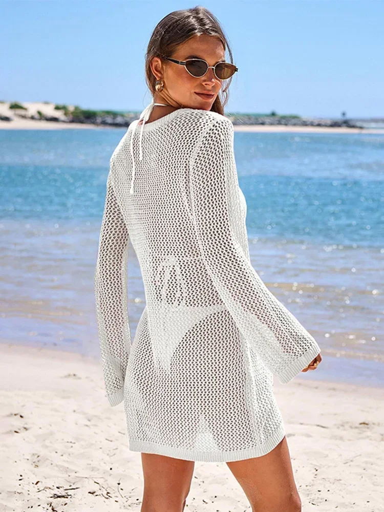 Sexy Knitted Mesh Deep V-neck Cut Out Bell Sleeve Beach Mini Dress 2024 Women Summer Vacation Beachwear Swimsuit Cover Up A2862