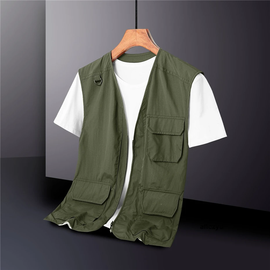 Fishing Vest Men Cargo Vests Waterproof Sleeveless Jacket Fashion Casual Solid Color Vests Male Plus Size 5XL