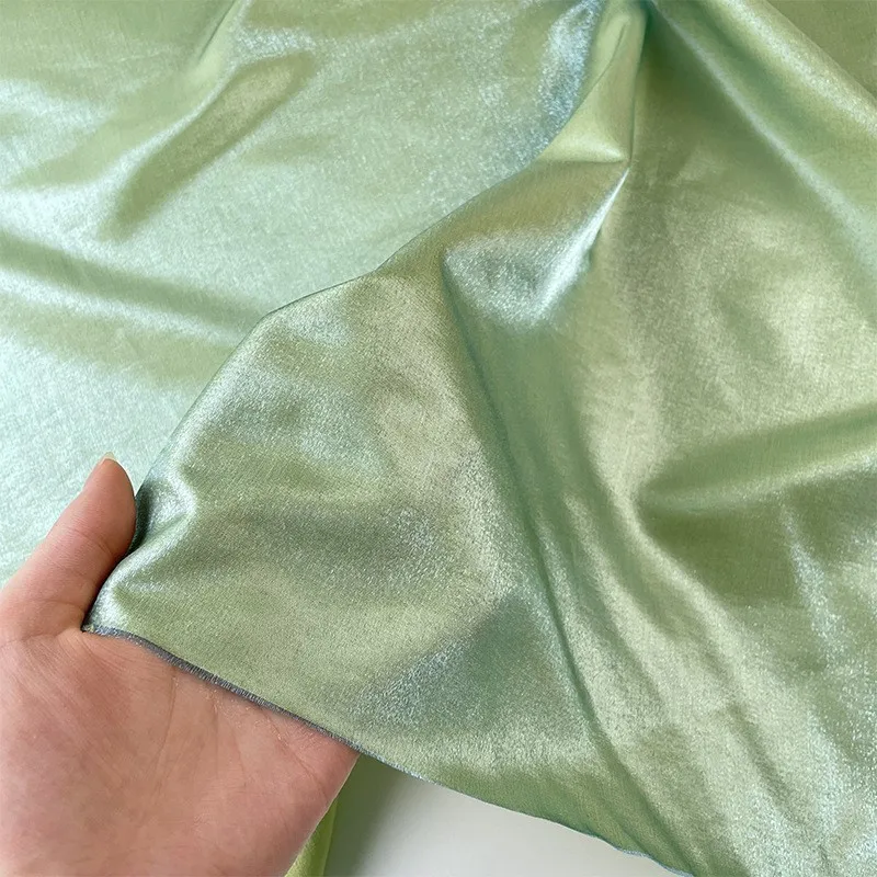 Solid color woven mustard green lustrous glass silk linen satin Chinese-style dress fabric with ethnic style