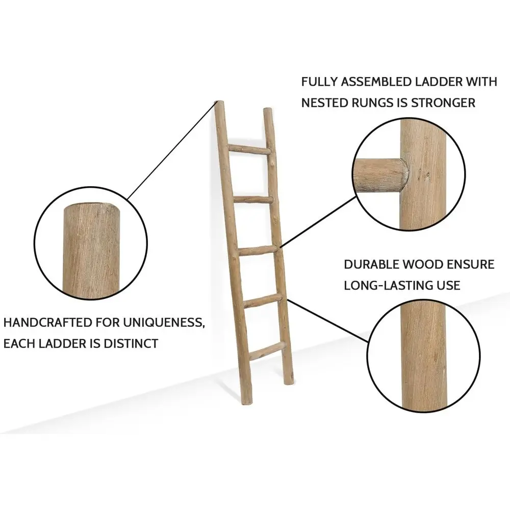57 Escalera de manta de madera ensamblada: exhibición rústica de colcha de pared estilo granja y toallero para sala de estar y baño, marrón