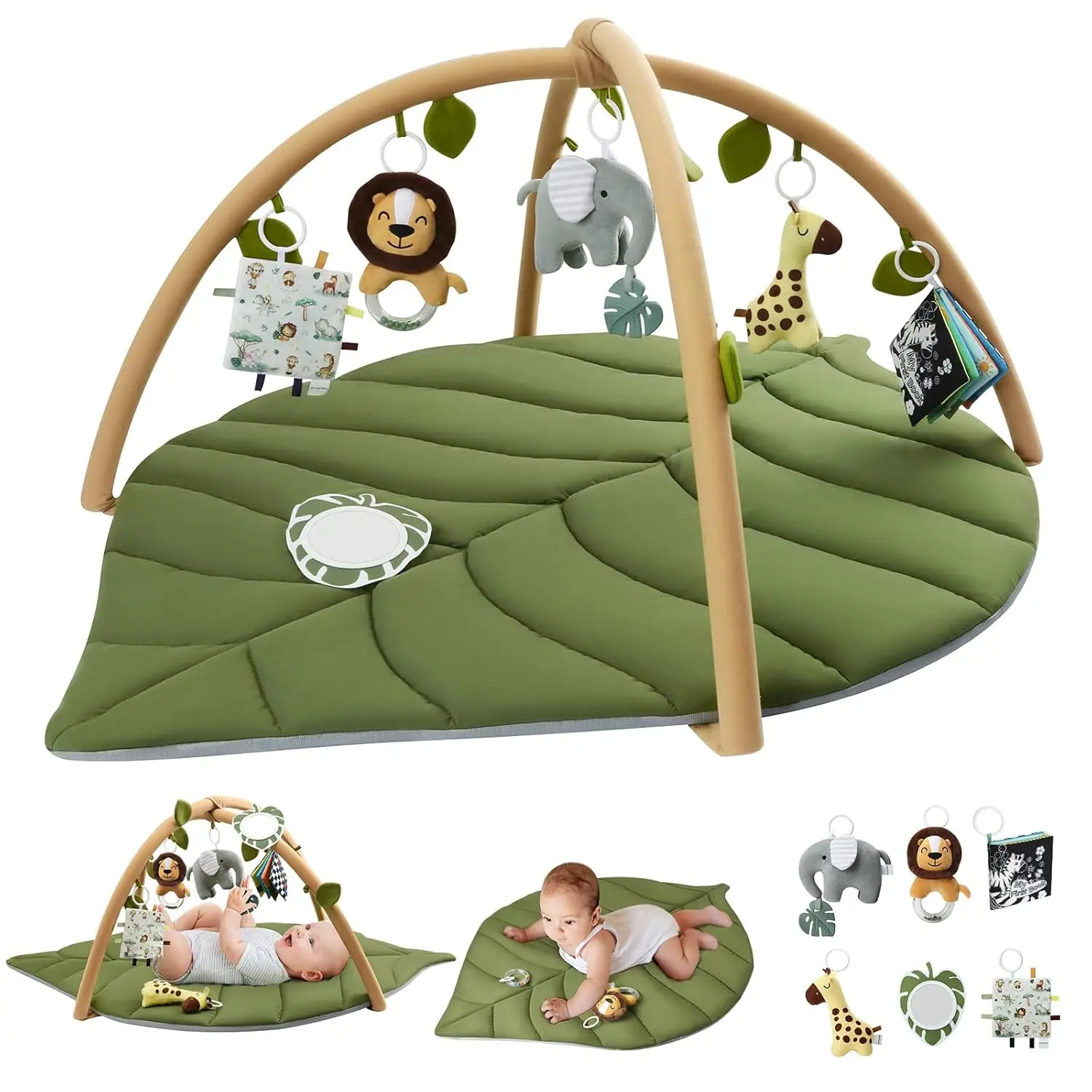 

Oversize Leaf Shaped Baby Play Mat with 6 Detachable Toys, Tummy Time Activity Gym for Sensory and Motor Skill Development