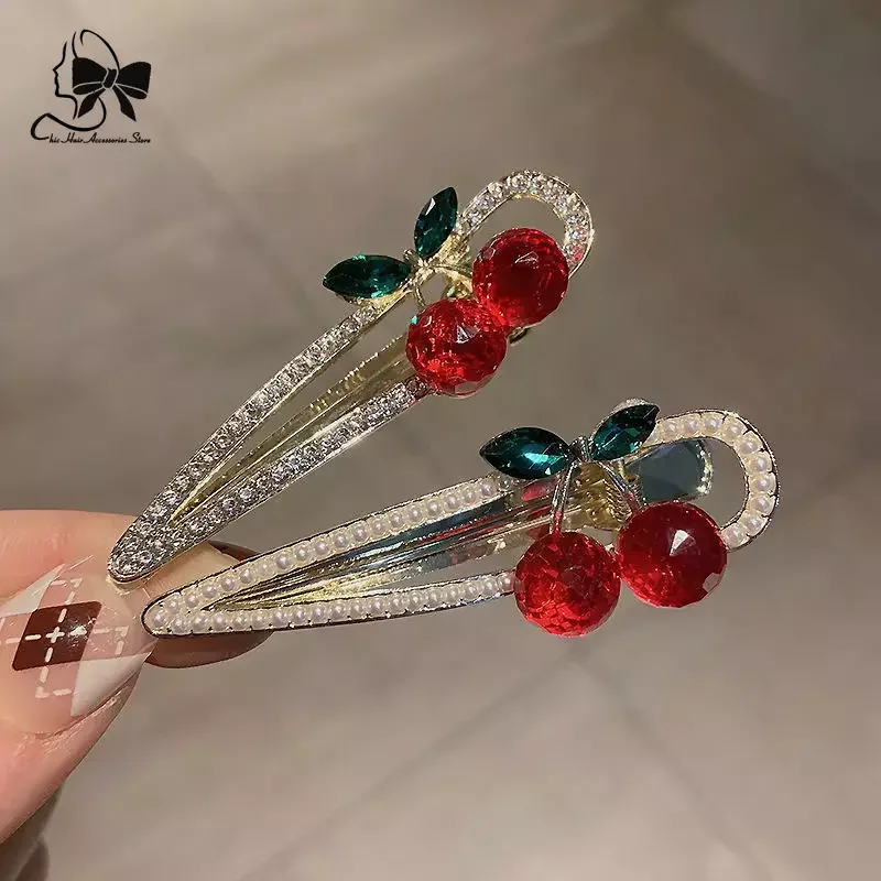 Women Lovely Cherry Rhinestone Hair Clips Fashion Girl\'s Cute BB Clips Beads Hairpins Accessories