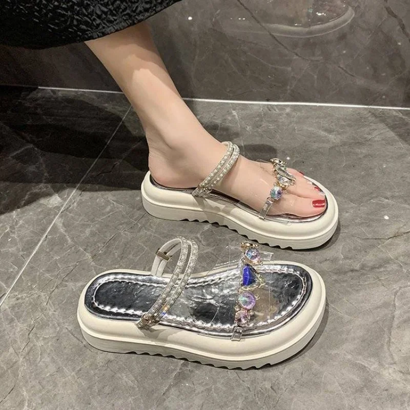 Outdoor Transparent Footwear Diamond Sandals for Women Slippers Platform Ladies Shoes Summer 2024 Gold Asian Size Vip Sale Korea