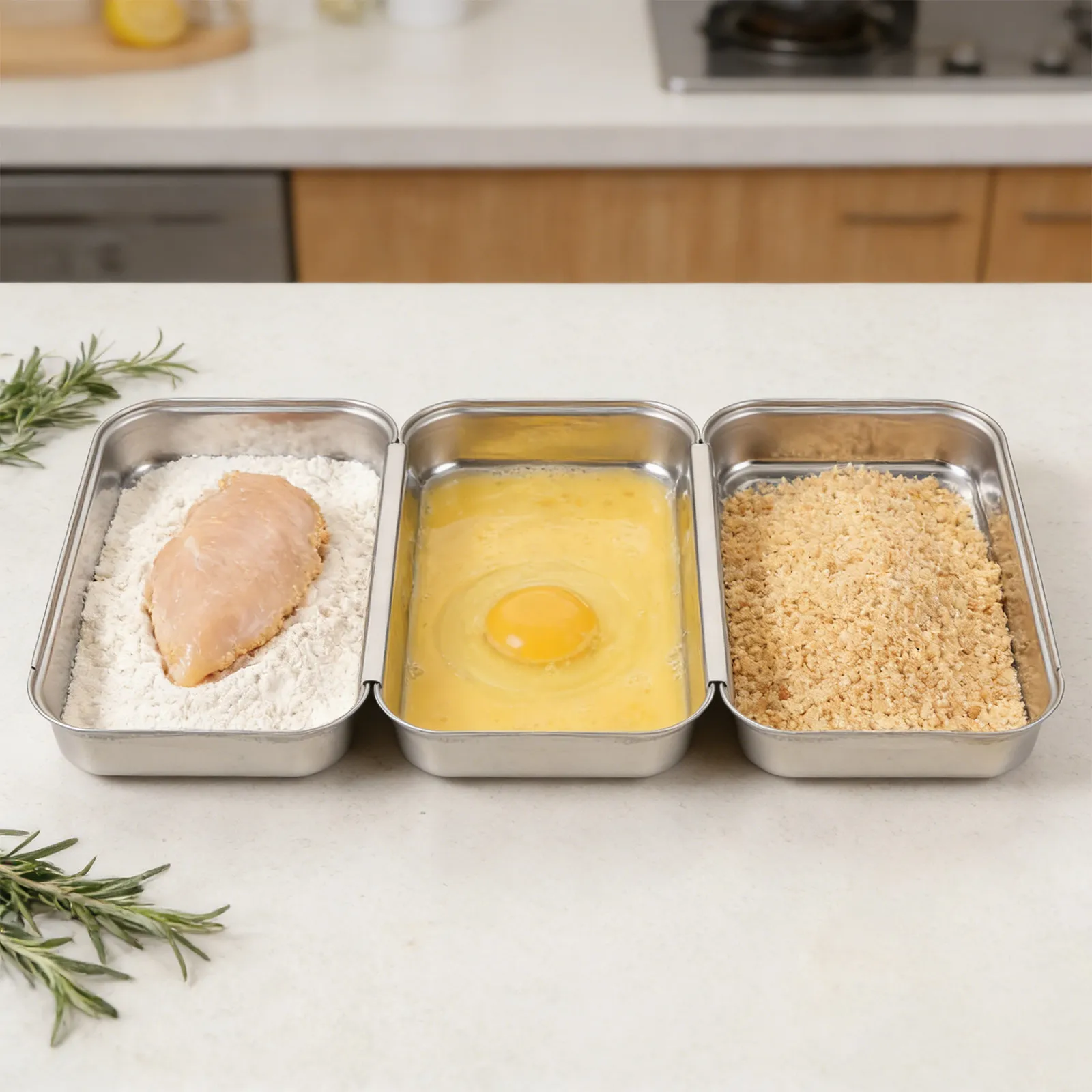 1Set Stainless Steel Breading Tray Set Interlocking Stackable for Chicken Meat Marinating Flour Egg Bread Crumb Coating Food