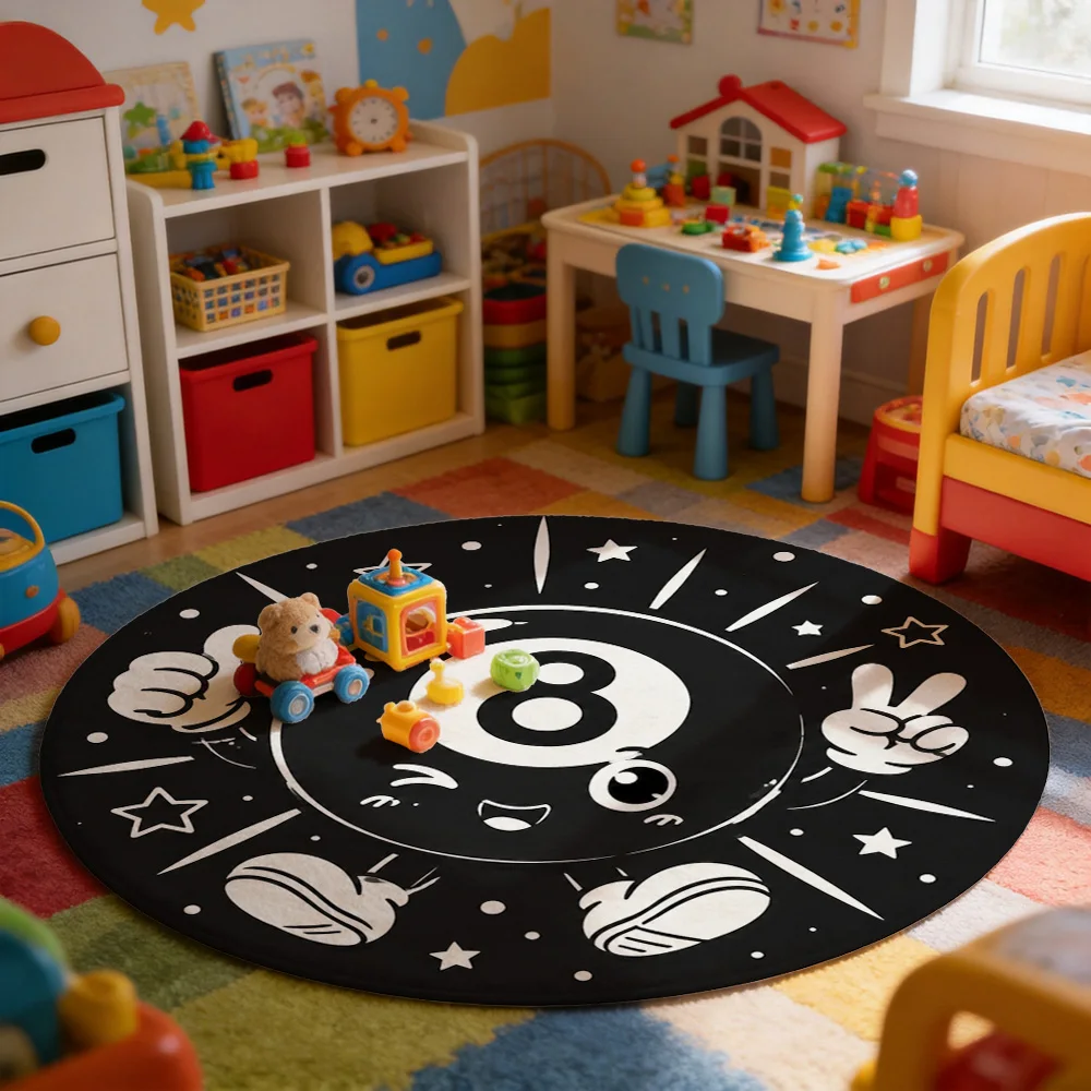 Fun Number Eight Cartoon Character Round Area Rug for Kids Playroom Nursery Decor Cute Birthday Gift Mat
