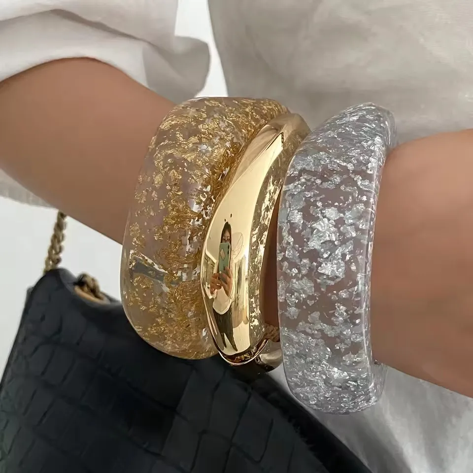 Glitter Gold Color Acrylic Irregular Square Cuff Bracelets for Women Punk Chunky Geometric Wide Bangle Stackable Jewelry Gift