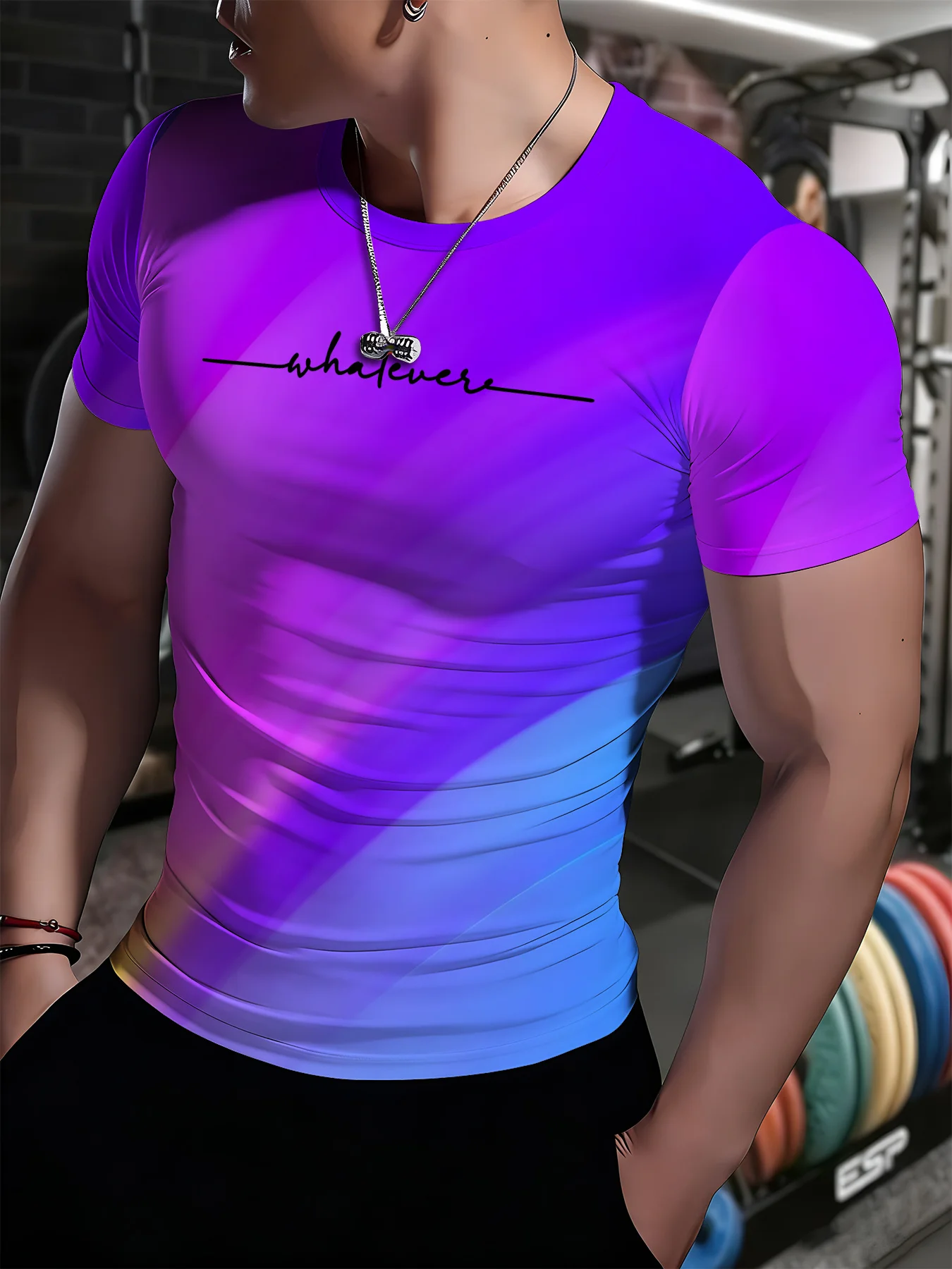 Men Gradient Letter Print Compression T-shirt High Elastic Quick Dry Sports Gym Training Short Sleeve Workout Top